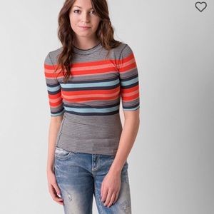 Free People Mock-Neck Stripped Ribbed Top